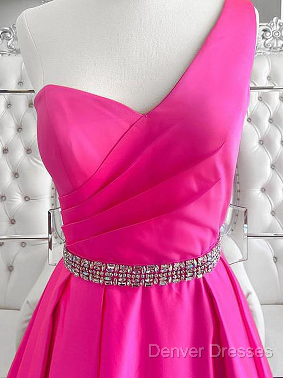 One Shoulder Hot Pink Prom Dress, Hot Pink One Shoulder Formal Evening Dress Secondary image