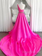 One Shoulder Hot Pink Prom Dress, Hot Pink One Shoulder Formal Evening Dress