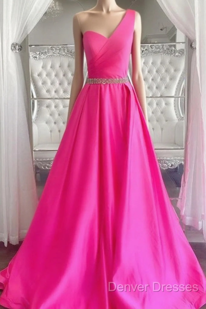 One Shoulder Hot Pink Prom Dress, Hot Pink One Shoulder Formal Evening Dress Main image