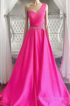 One Shoulder Hot Pink Prom Dress, Hot Pink One Shoulder Formal Evening Dress