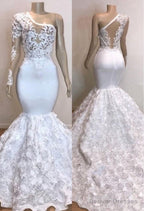 One Shoulder Lace Appliques Meramid Prom Dresses with sleeve