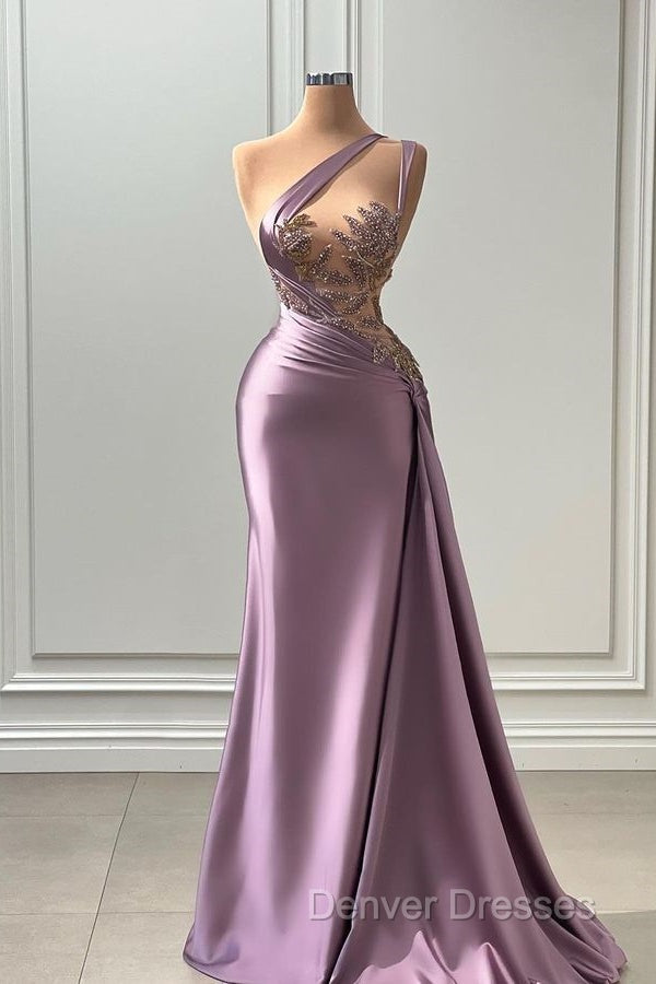 One shoulder Lavender A-line Satin Long Prom Dress