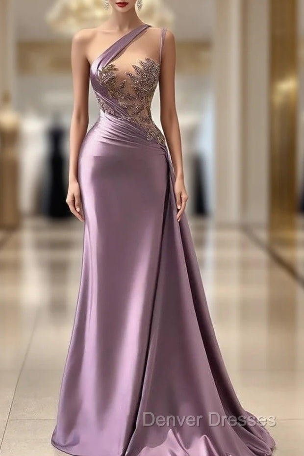 One shoulder Lavender A-line Satin Long Prom Dress Main image
