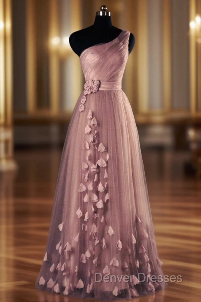 One-Shoulder Long/Floor-Length A-Line/Princess Tulle Prom Dress With Flowers Waistband Main image