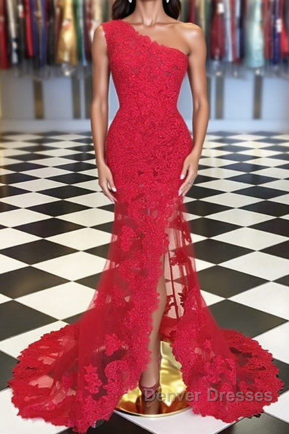 One Shoulder Mermaid Red Lace Long Prom Dress with High Slit
