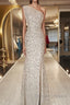 One Shoulder Mermaid Sequins Ivory Long Prom Dress, Open Back Mermaid Ivory Formal Dress, Sequins Ivory Evening Dress