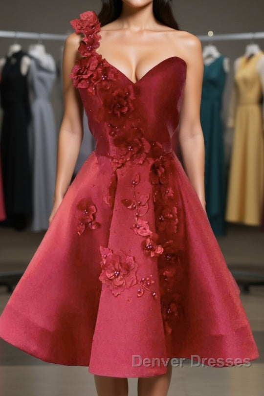 One Shoulder Open Back Burgundy Floral Short Prom Dress, Wine Red Floral Formal Evening Homecoming Dress Main image