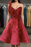 One Shoulder Open Back Burgundy Floral Short Prom Dress, Wine Red Floral Formal Evening Homecoming Dress