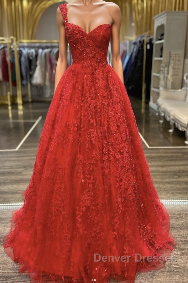 One Shoulder Open Back Red Lace Long Prom Dress, Sweetheart Neck Red Lace Formal Dress, Red Evening Dress Main image