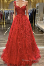 One Shoulder Open Back Red Lace Long Prom Dress, Sweetheart Neck Red Lace Formal Dress, Red Evening Dress