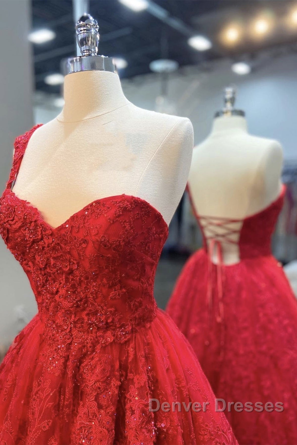 One Shoulder Open Back Red Lace Long Prom Dress, Sweetheart Neck Red Lace Formal Dress, Red Evening Dress Secondary image