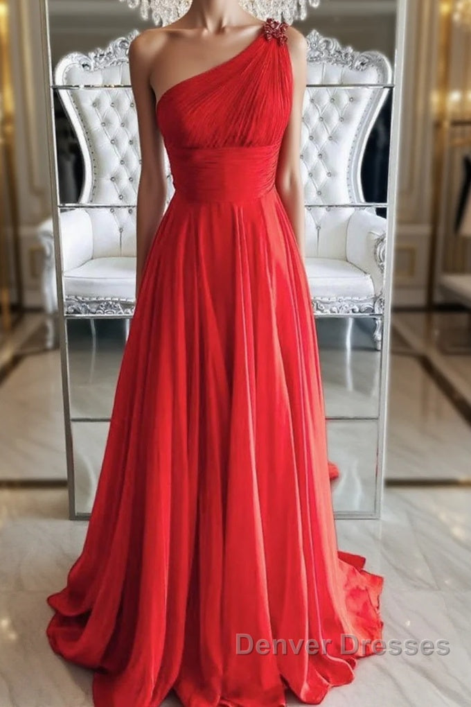 One Shoulder Open Back Red Long Prom Dress, Backless Red Formal Graduation Evening Dress Main image