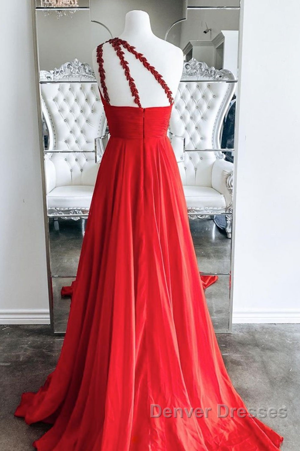 One Shoulder Open Back Red Long Prom Dress, Backless Red Formal Graduation Evening Dress Secondary image