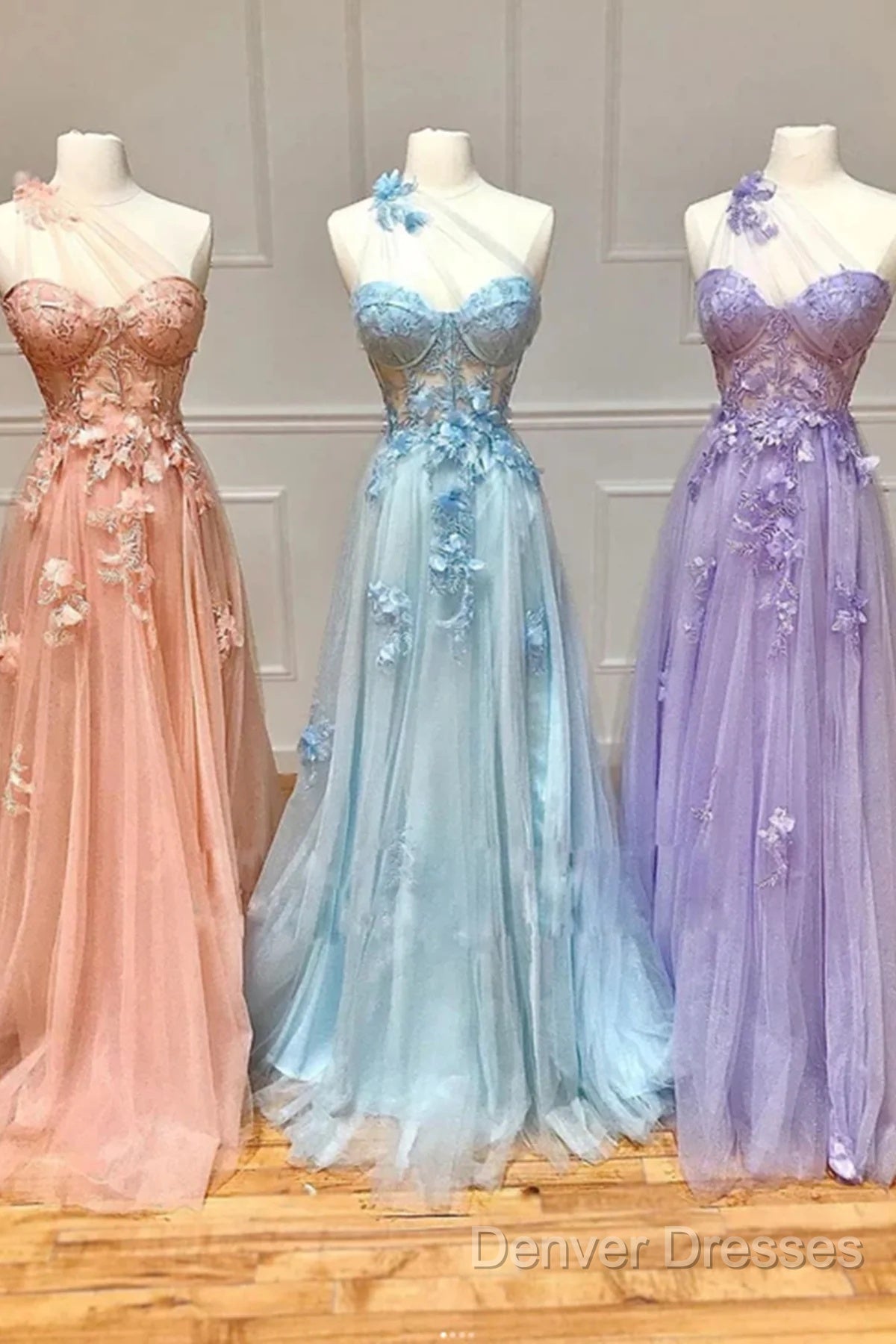 One Shoulder Pink/Blue/Purple Lace Floral Long Prom Dress Secondary image