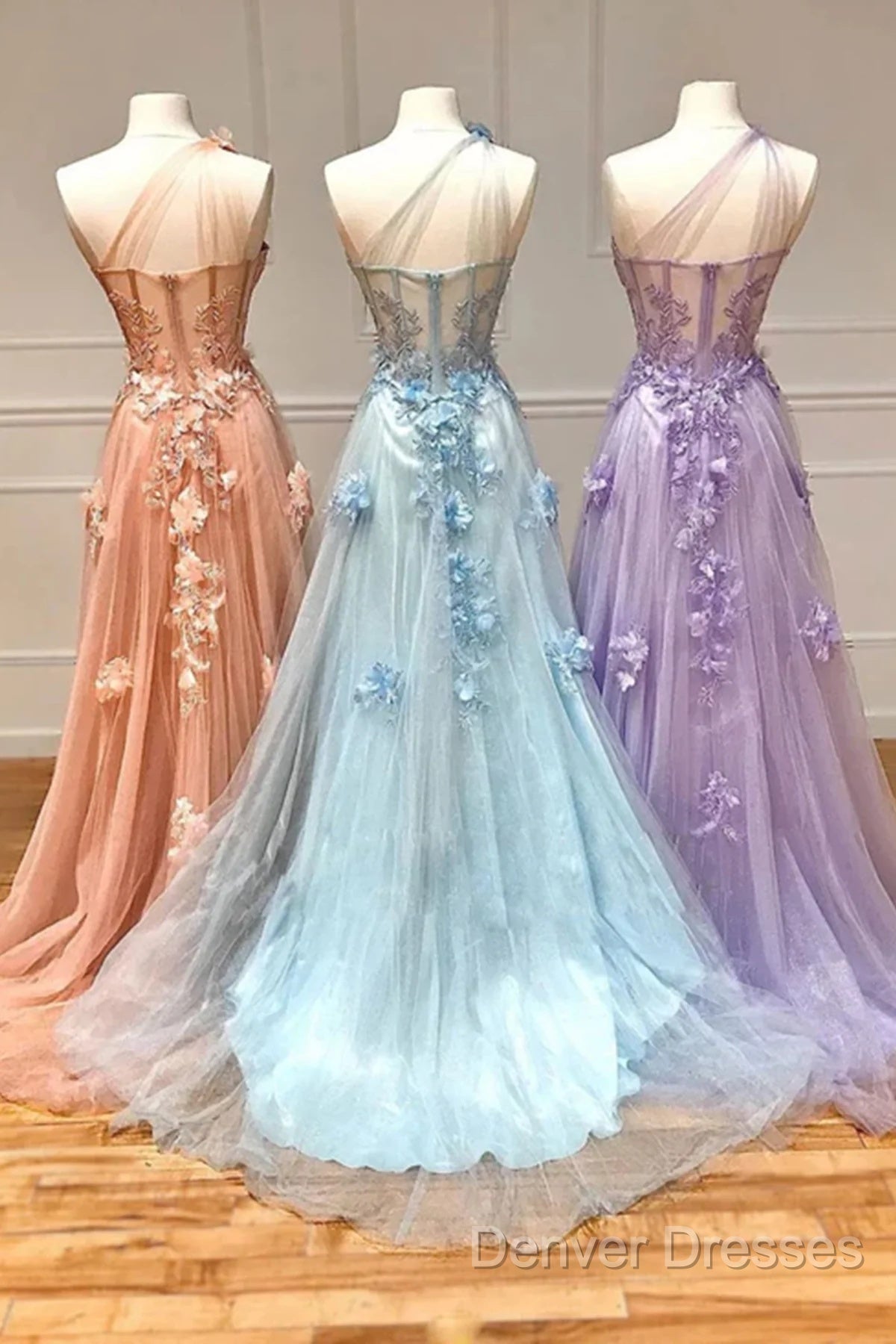 One Shoulder Pink/Blue/Purple Lace Floral Long Prom Dress
