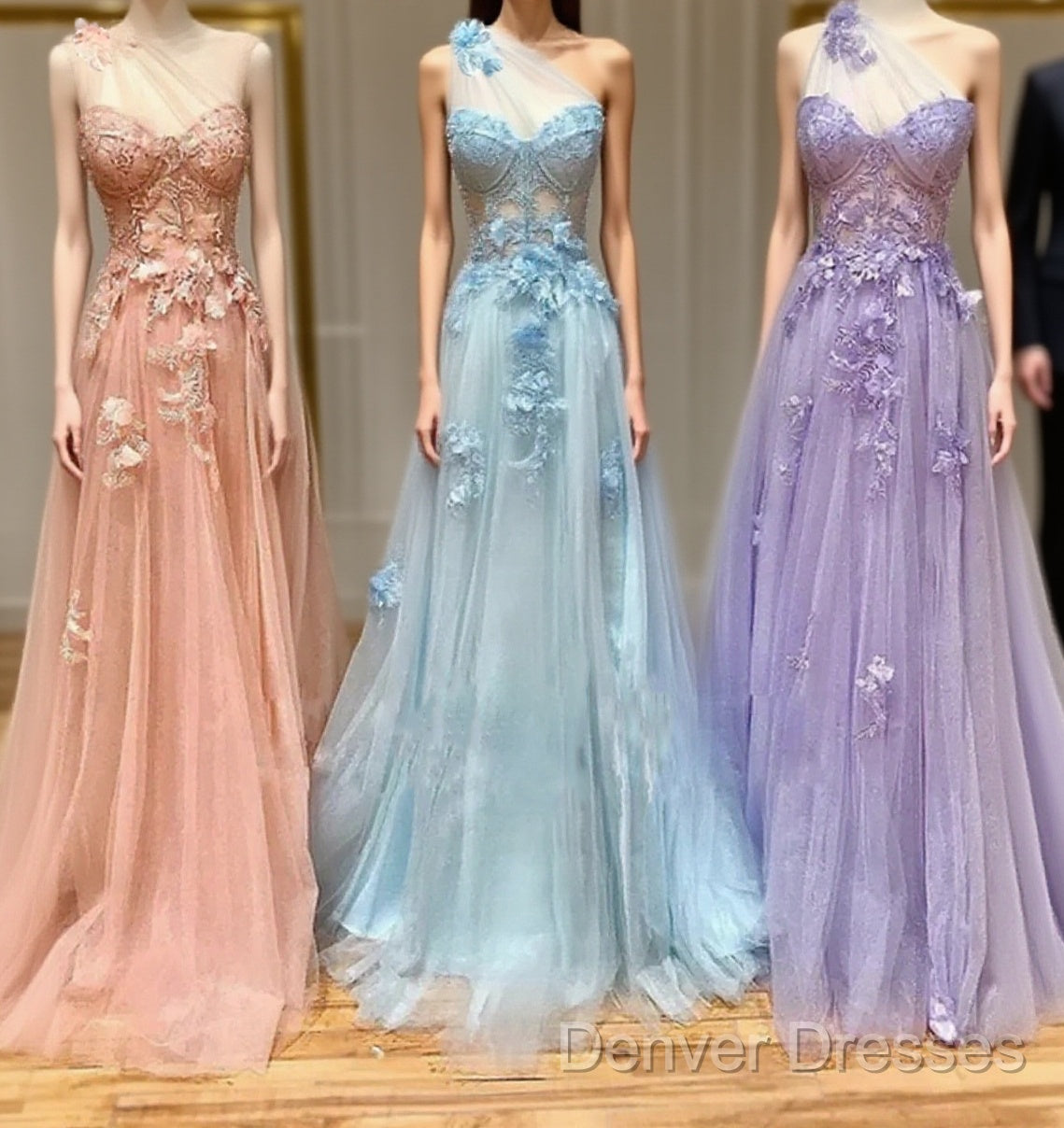 One Shoulder Pink/Blue/Purple Lace Floral Long Prom Dress Main image