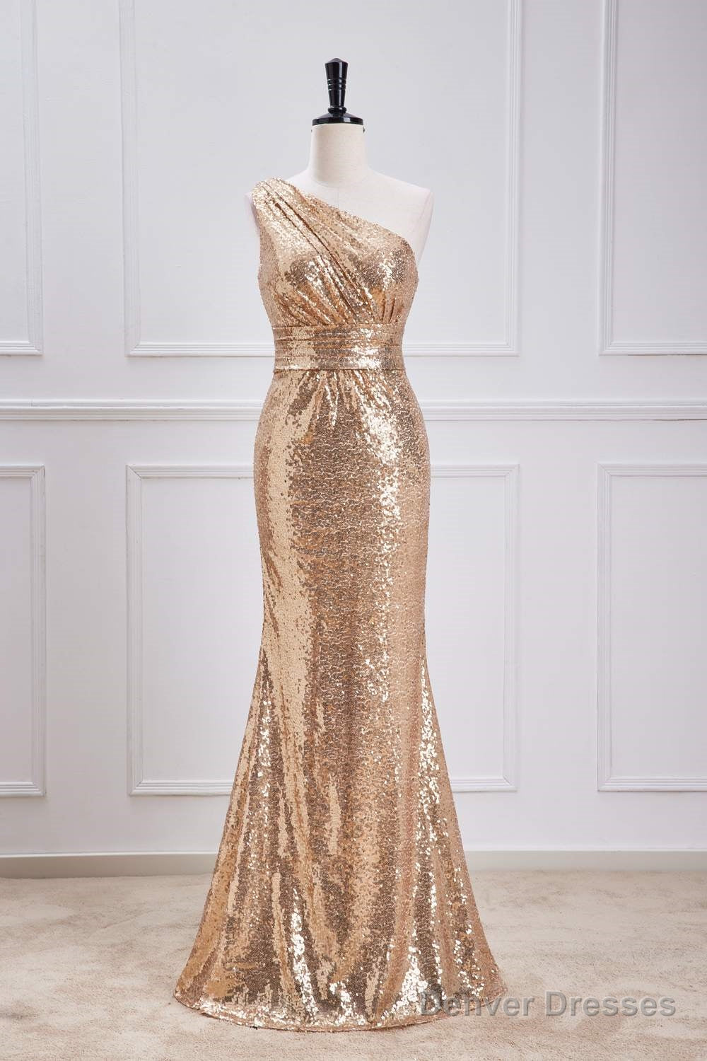 One Shoulder Pleated Gold Sequin Mermaid Bridesmaid Dress Main image