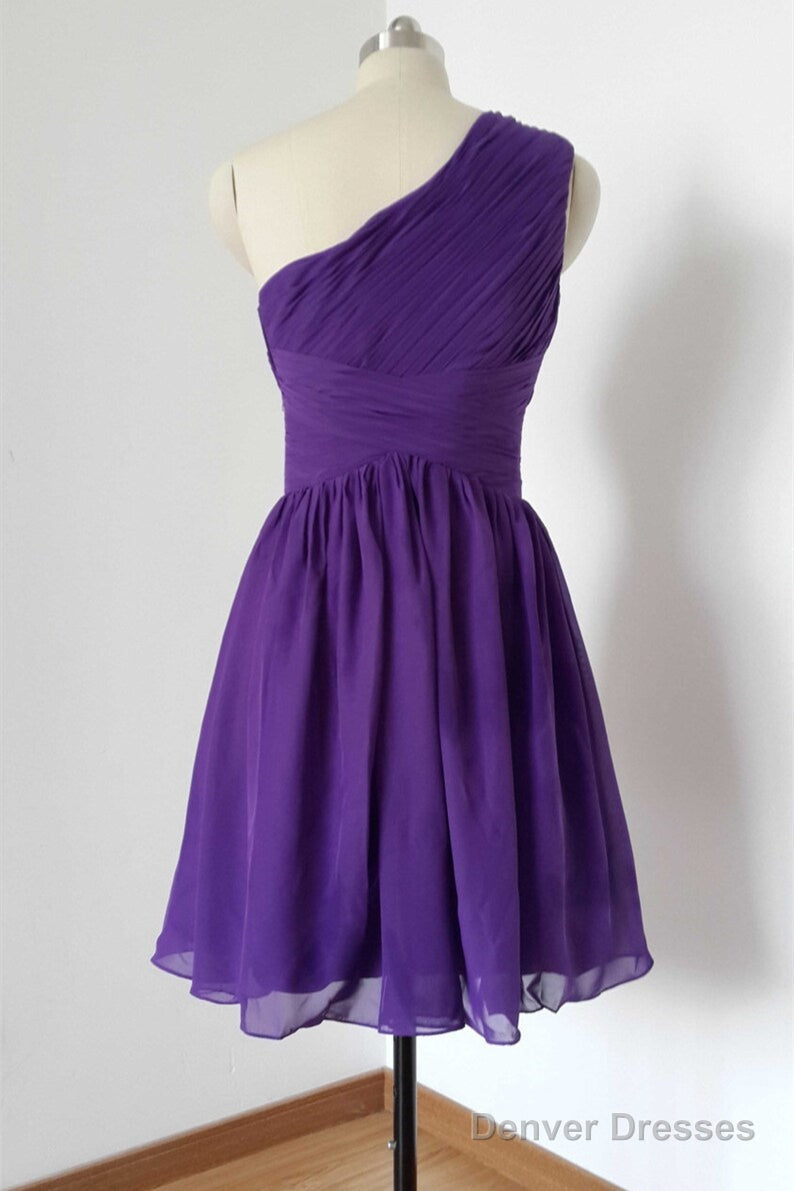 One Shoulder Purple Pleated Chiffon Short Bridesmaid Dress Secondary image