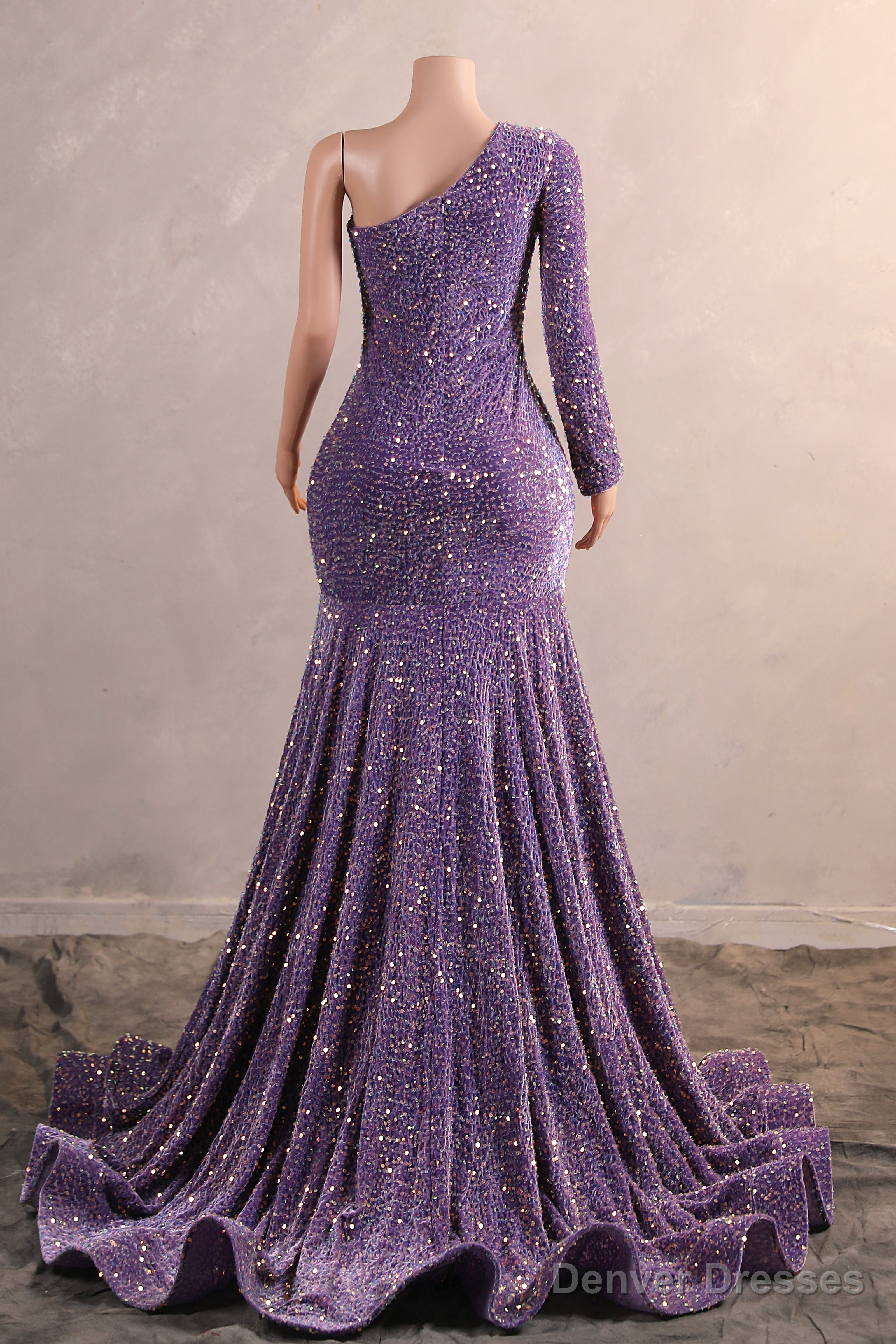 One Shoulder Purple Prom Dresses Sequin Mermaid Long Evening Formal Dresses
