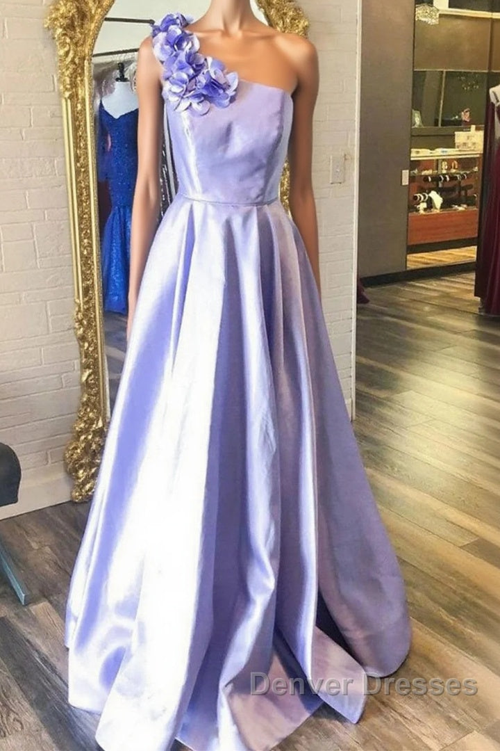 One Shoulder Purple Satin Long Prom Dress with Flowers, Purple Formal Evening Dress Main image