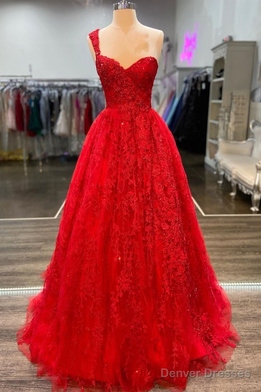 One Shoulder Red A-line Appliques Tulle Formal Evening Gown Main image