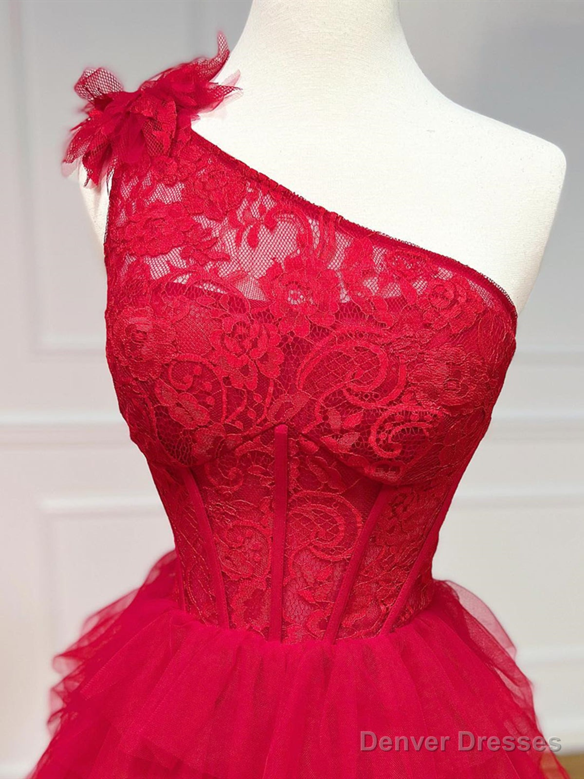 One Shoulder Red Lace High Low Prom Dresses, Red High Low Lace Formal Evening Dresses Secondary image