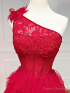 One Shoulder Red Lace High Low Prom Dresses, Red High Low Lace Formal Evening Dresses