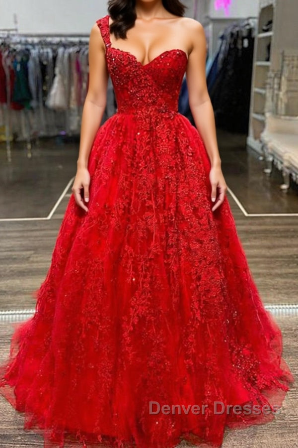 One Shoulder Red Lace Prom Dress, One Shoulder Red Lace Formal Evening Dress Main image