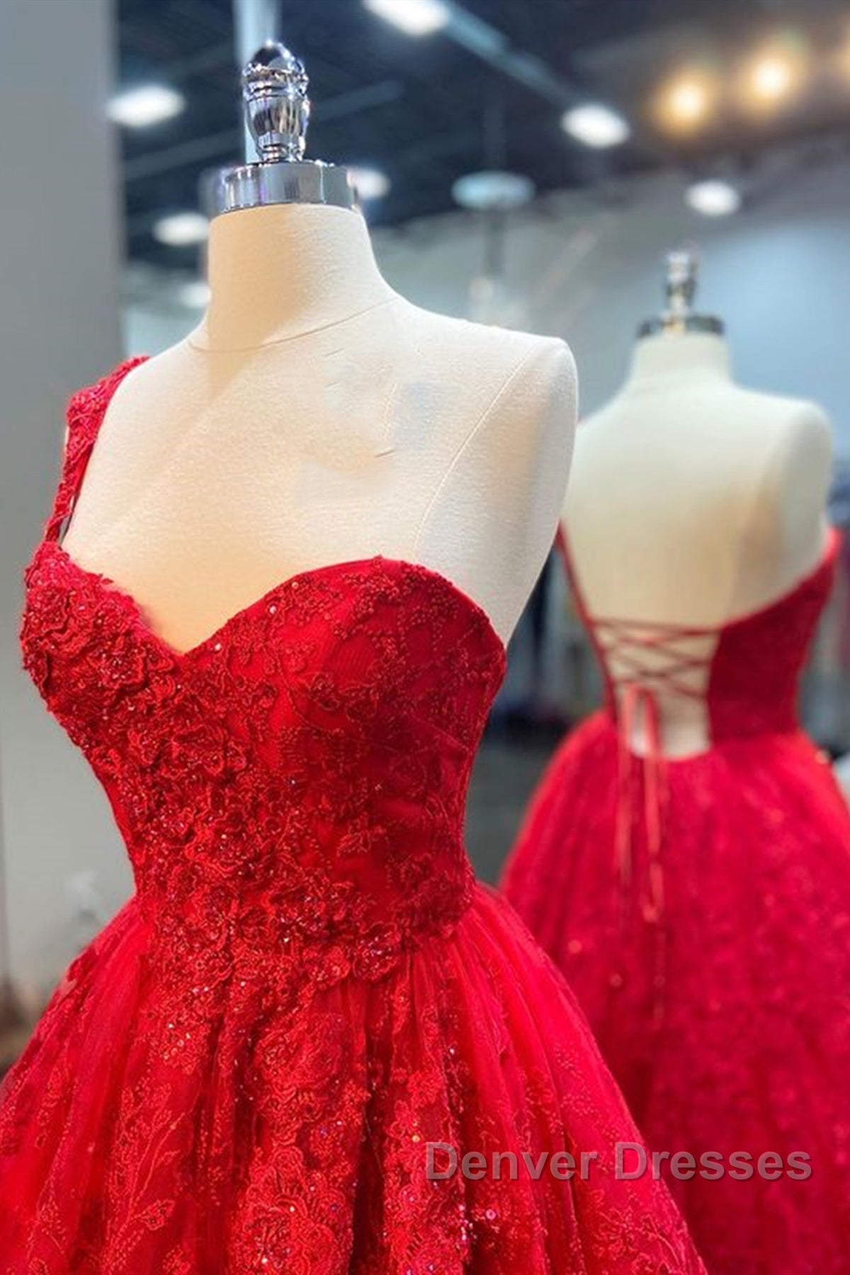 One Shoulder Red Lace Prom Dress, One Shoulder Red Lace Formal Evening Dress Secondary image