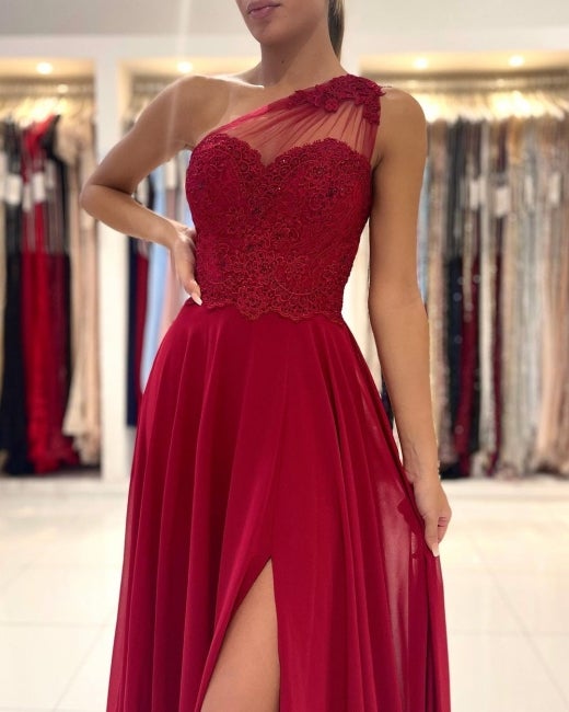 One Shoulder Red Prom Dress Floor Length Sleeveless Maxi Dress With Front Slit Secondary image