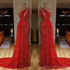 One Shoulder Red Prom Dress Sequins Long On Sale