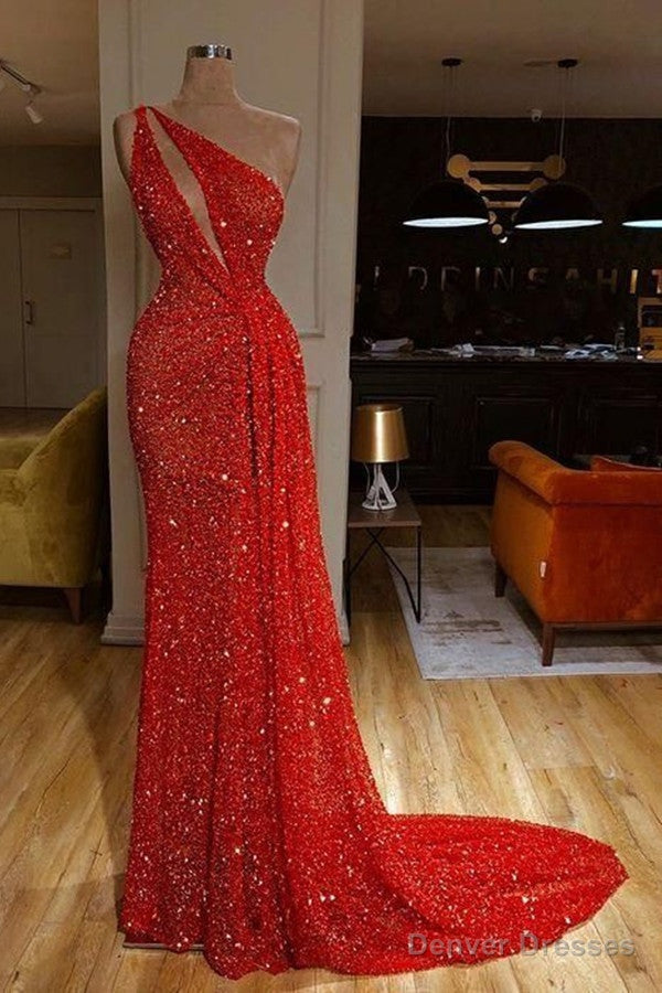 One Shoulder Red Prom Dress Sequins Long On Sale Main image