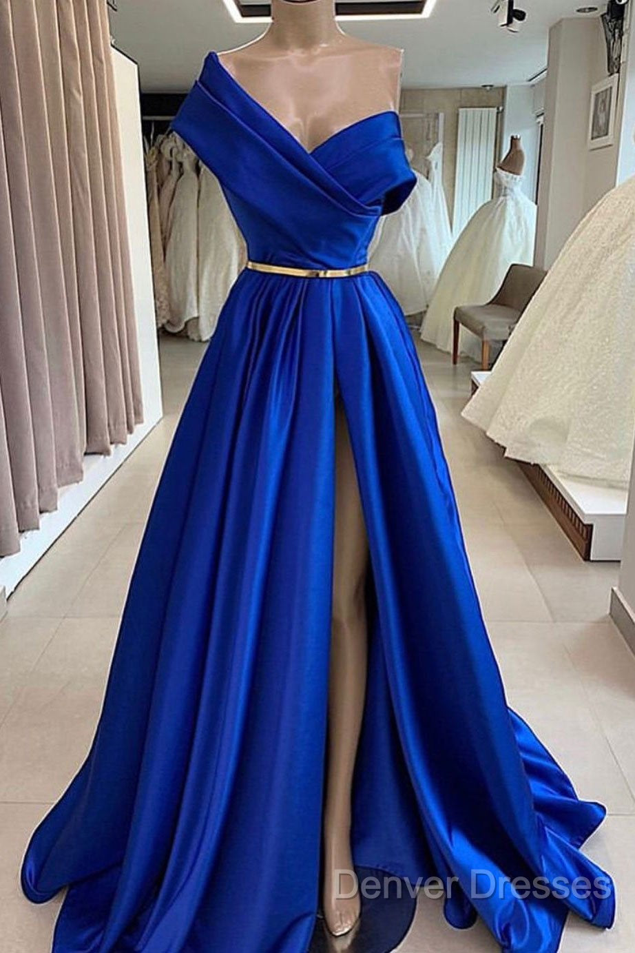 One Shoulder Royal Blue Floor Length Prom Dress With High Slit, High Slit Royal Blue Long Formal Evening Dress Secondary image