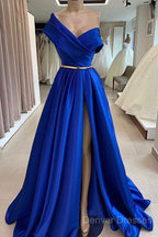 One Shoulder Royal Blue Floor Length Prom Dress With High Slit, High Slit Royal Blue Long Formal Evening Dress