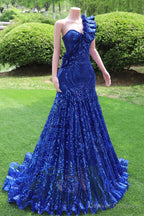One Shoulder Royal Blue Prom Dresses Sequin Long Fromal Dresses
