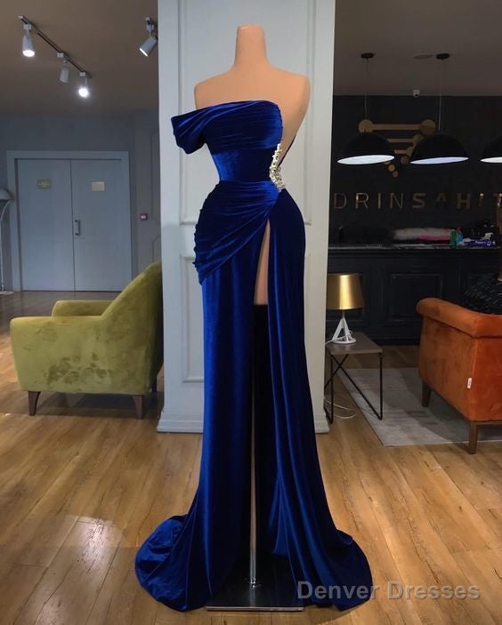 One Shoulder Royal Blue Velvet Evening Prom Dress With Slit Main image