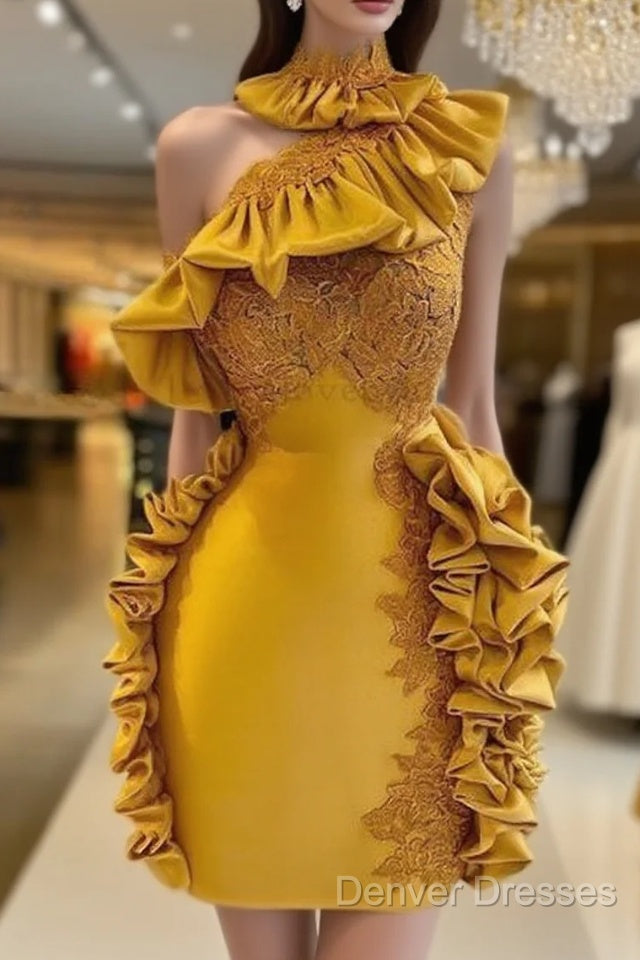 One Shoulder Ruffles Short Homecoming Dress Vestidos De Cocktail Real Images Knee Length African Girl Party Gowns Main image