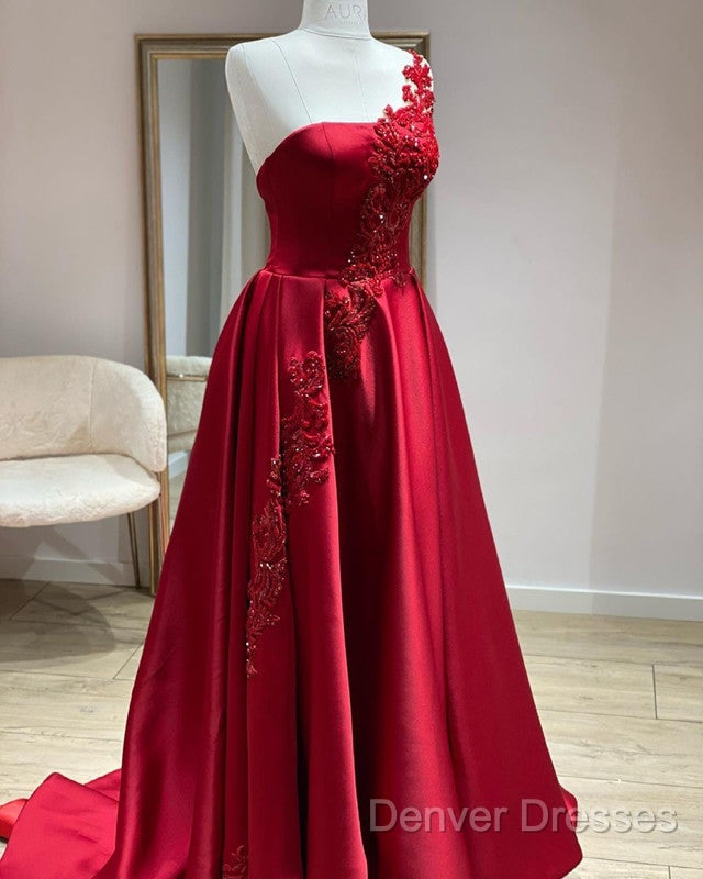 One Shoulder Satin Floor Length Prom Dress Appliques