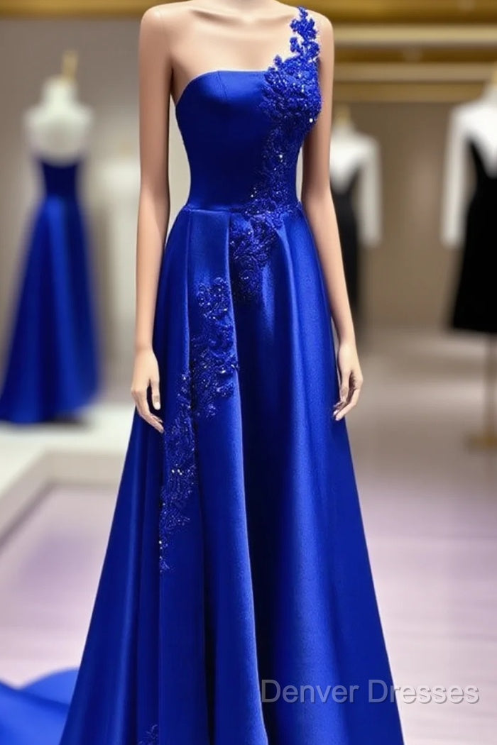 One Shoulder Satin Floor Length Prom Dress Appliques Main image