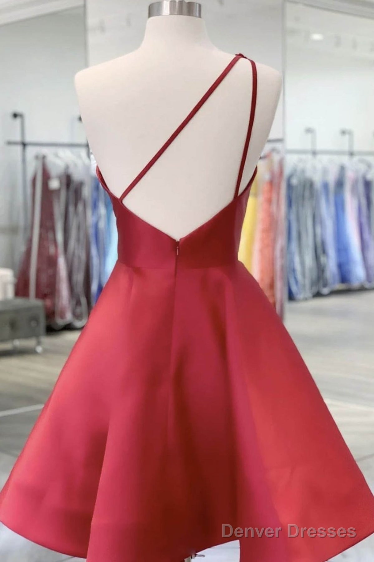 One Shoulder Short Burgundy Satin Prom Dresses, Wine Red Short Floral Formal Graduation Dresses
