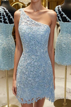 One Shoulder Short Lace Prom Dress, Short Lace Formal Homecoming Dress