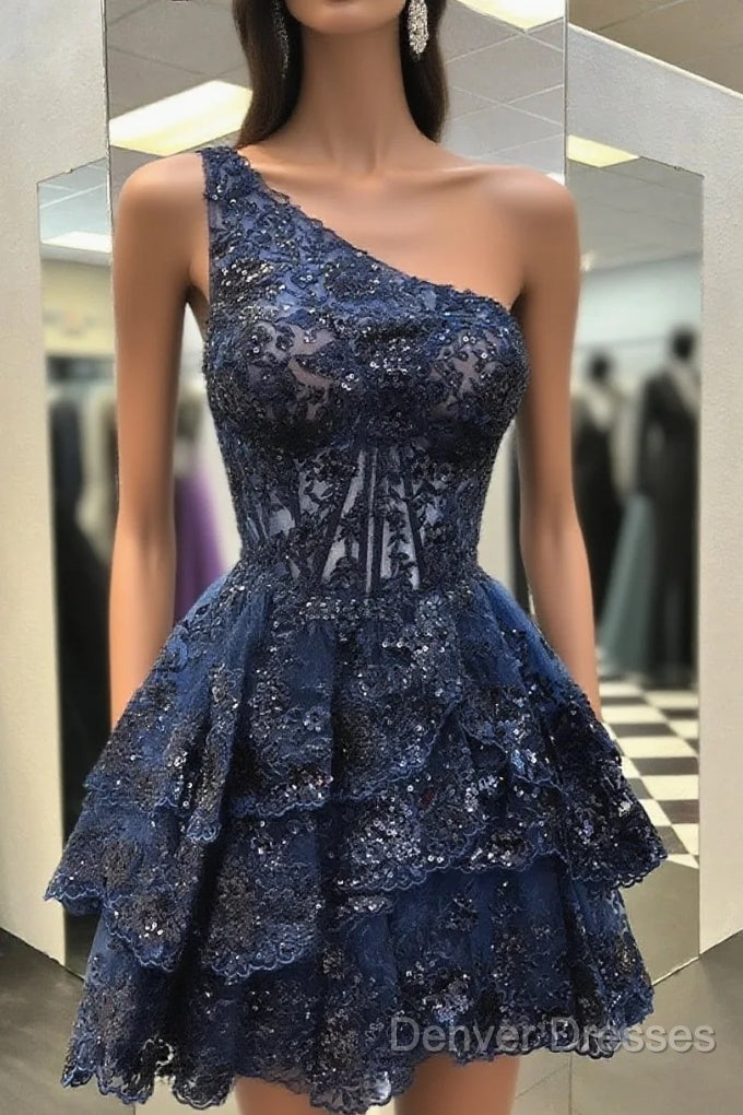 One Shoulder Short Navy Blue Lace Prom Dress, One Shoulder Short Navy Blue Formal Homecoming Dress Main image