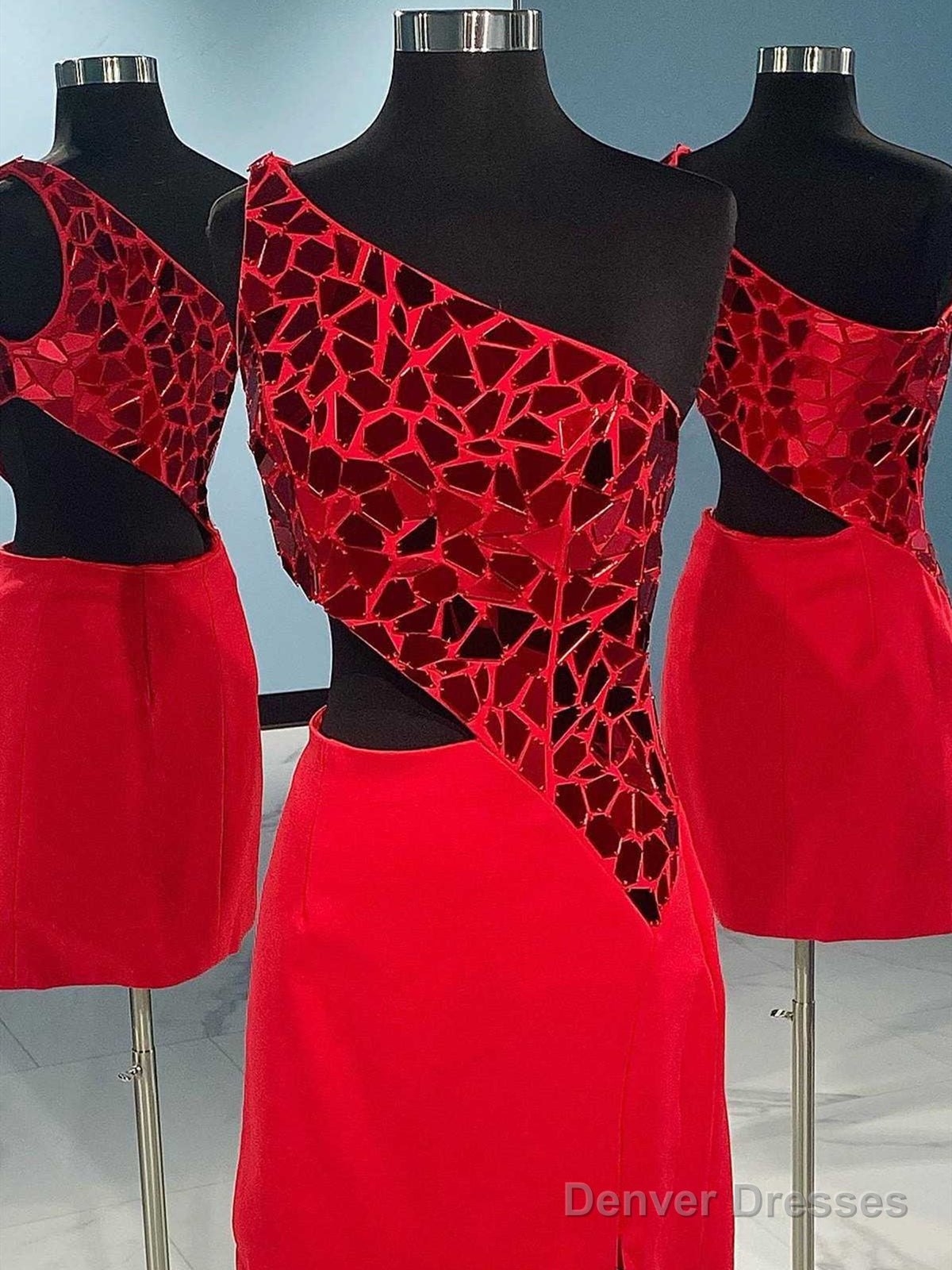 One Shoulder Short Red Blue Prom Dresses, One Shoulder Short Red Blue Formal Homecoming Dresses