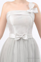 One Shoulder Soft Gray Floor Length Prom Dresses