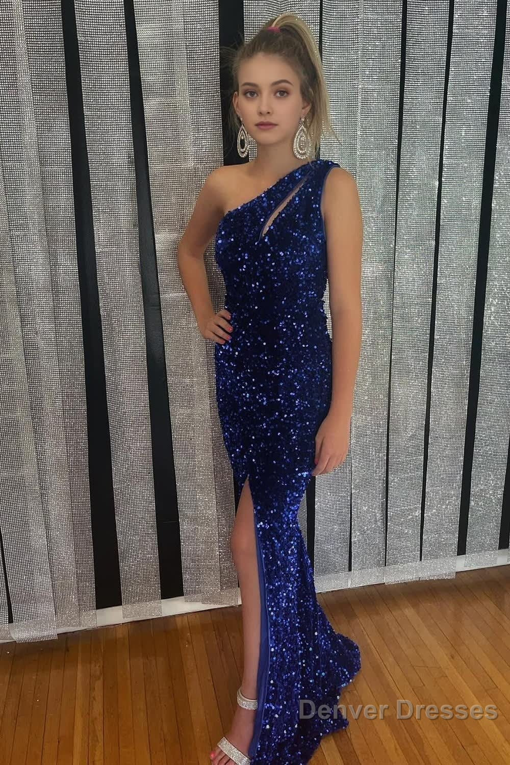 One Shoulder Sparkly Royal Blue Sequins Long Prom Dress with Slit Main image