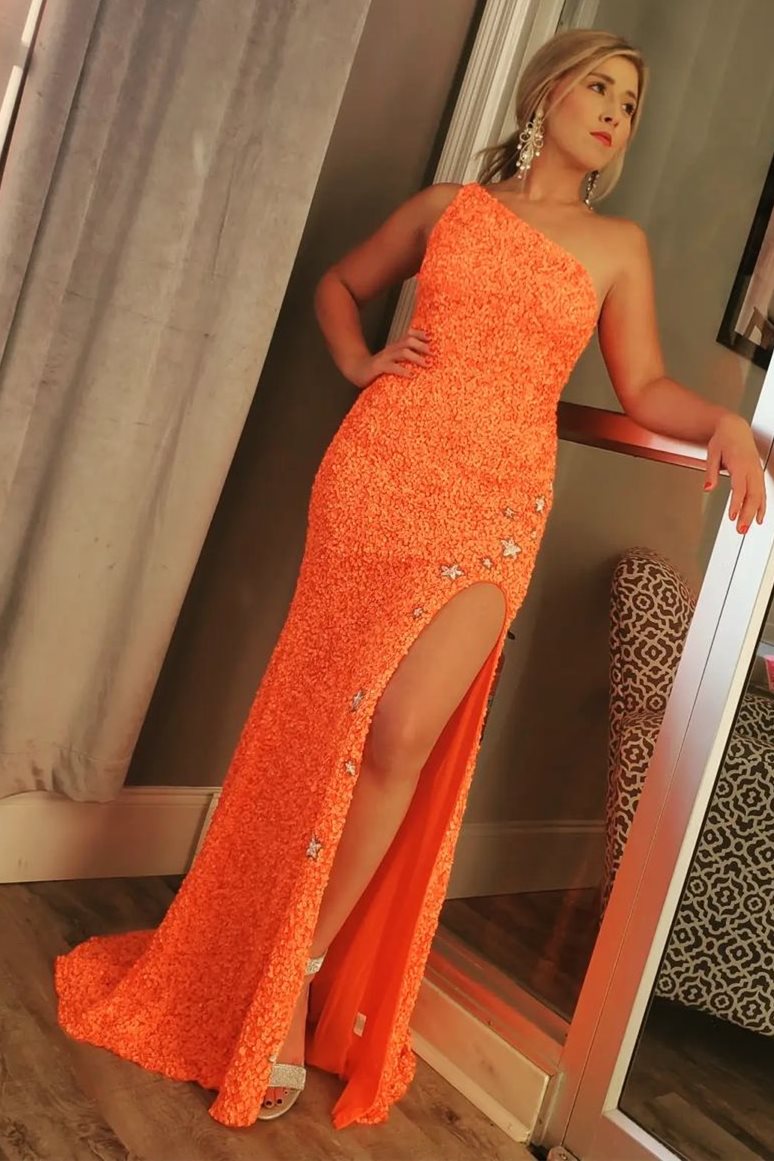 One Shoulder Stars Mermaid Sequins Formal Dress With Slit