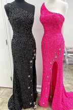 One Shoulder Stars Mermaid Sequins Formal Dress With Slit