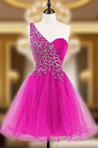 One Shoulder Tulle Homecoming Dress Short Prom Dress With Beading