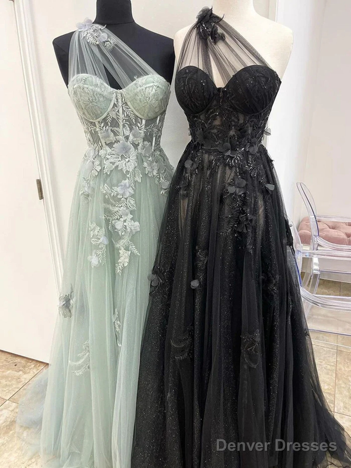 One Shoulder Tulle with Lace Applique High Slit Party Dress, Tulle Formal Prom Dress Main image