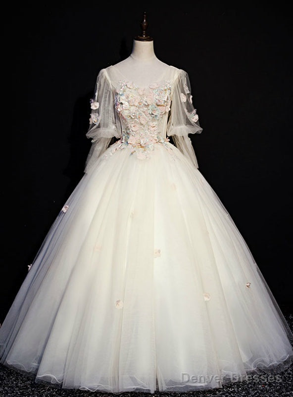 Online Store Champagne Ball Gown Tulle Appliques Long Sleeve Appliques Quinceanera Dress